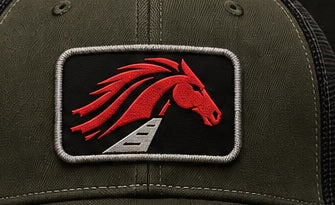 Red horse patch artwork as shown on the center hat