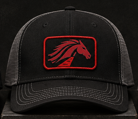 Trucker hat with red horse patch