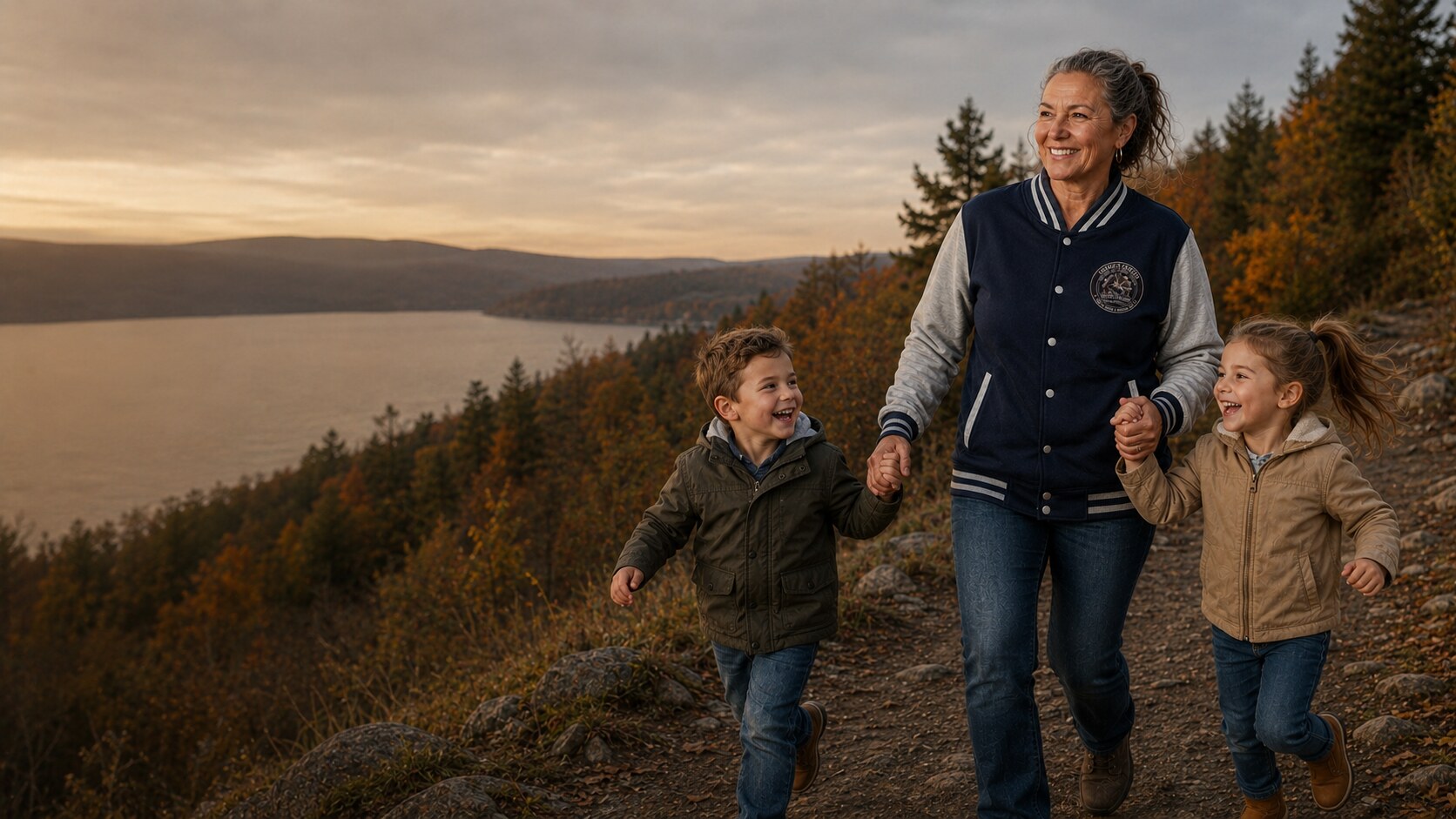 Older woman wearing a Charlie's Canteen Silver Stallions varsity jacket while walking with two children at an autumn lakeside overlook