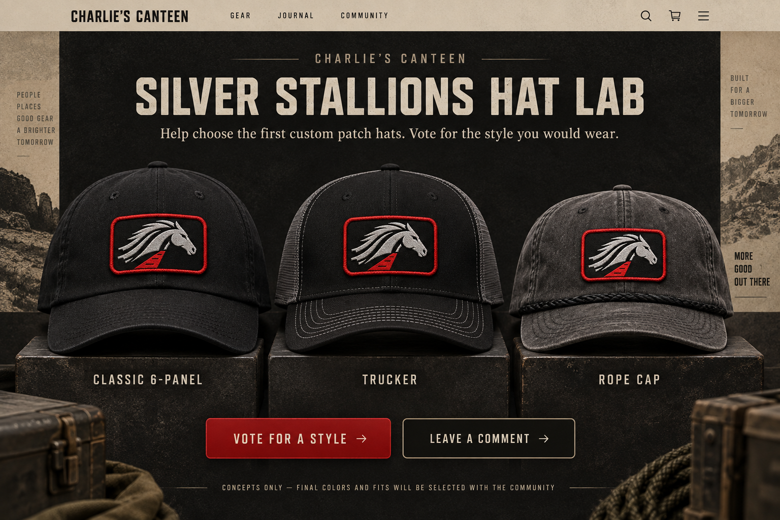 Silver Stallions Hat Lab concept showing Classic 6-Panel, Trucker, and Rope Cap ideas